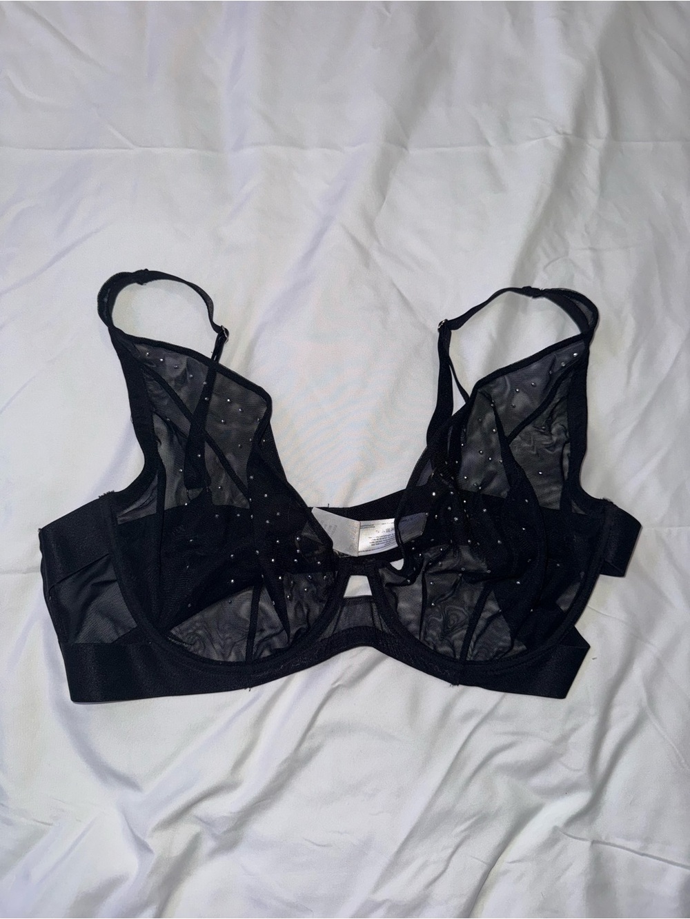 42DD Black Sheer Mesh Underwire Bra with Rhinestones